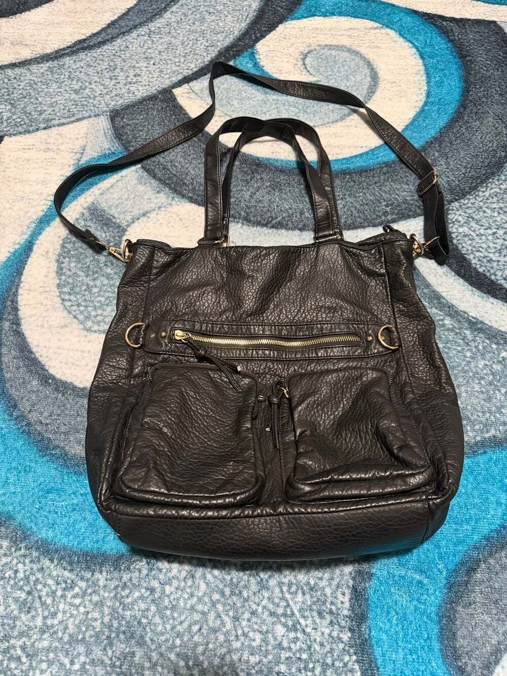 Under One Sky Black Faux Leather Multi-Pocket Tote Crossbody Bag